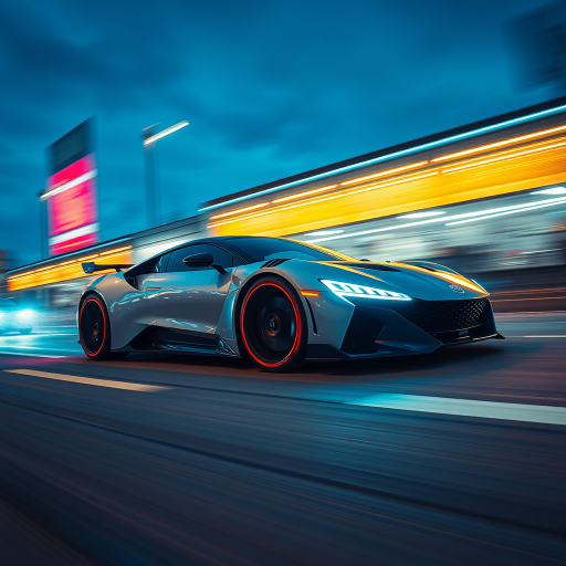 futuristic car in motion with neon lights and dynamic background blur, low angle view, long exposure, 50mm lens, f/1.8, ISO 100, shot at dusk for dramatic lighting