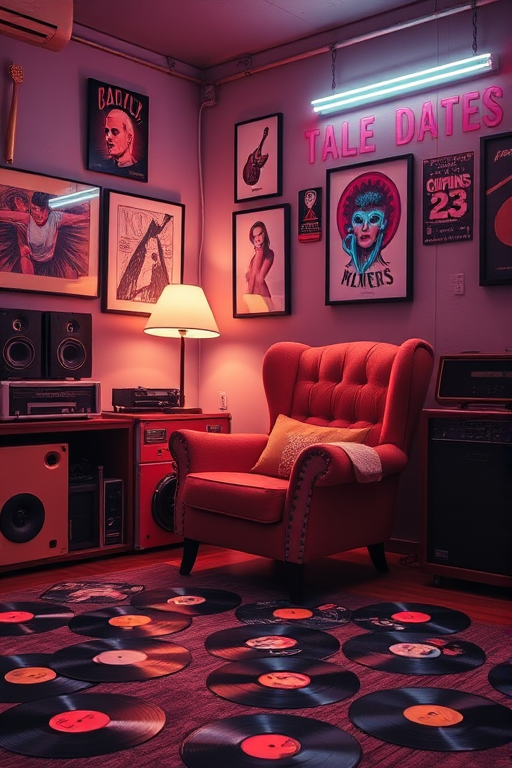 Generate a cozy retro music room with a plush armchair and vinyl records scattered on the floor, featuring neon lights and wall art, in dim lighting with soft shadows, captured using a full-frame DSLR at f/2.8, ISO 400, 35mm lens, in a warm color palette with a shallow depth of field.
