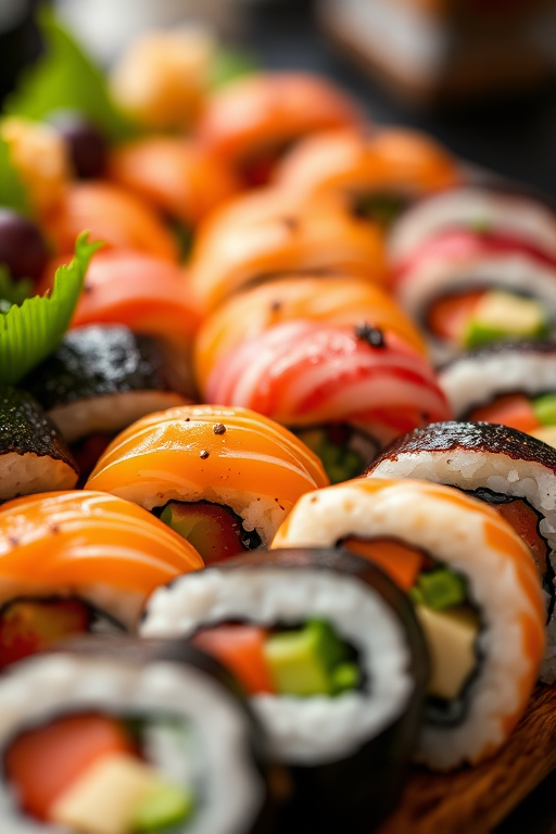 capture a close-up of an elegantly arranged platter of sushi rolls with vibrant colors and textures, using a Canon EOS R5 camera with a 50mm f/1.2 lens, aperture set to f/2.8, ISO 100, and a shutter speed of 1/60 seconds, natural soft light to enhance details and depth of field.