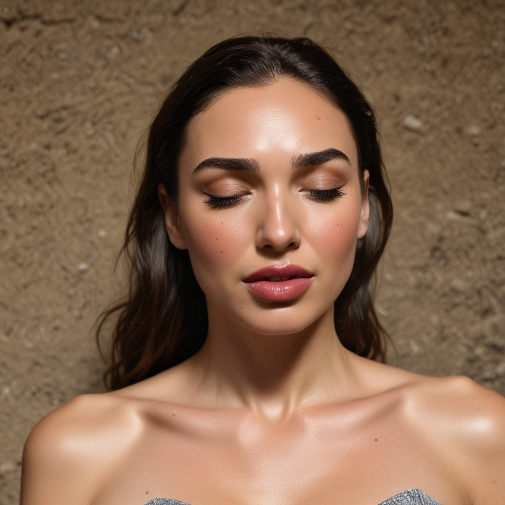 Gal gadot head closed eyes tongue out burried in sad