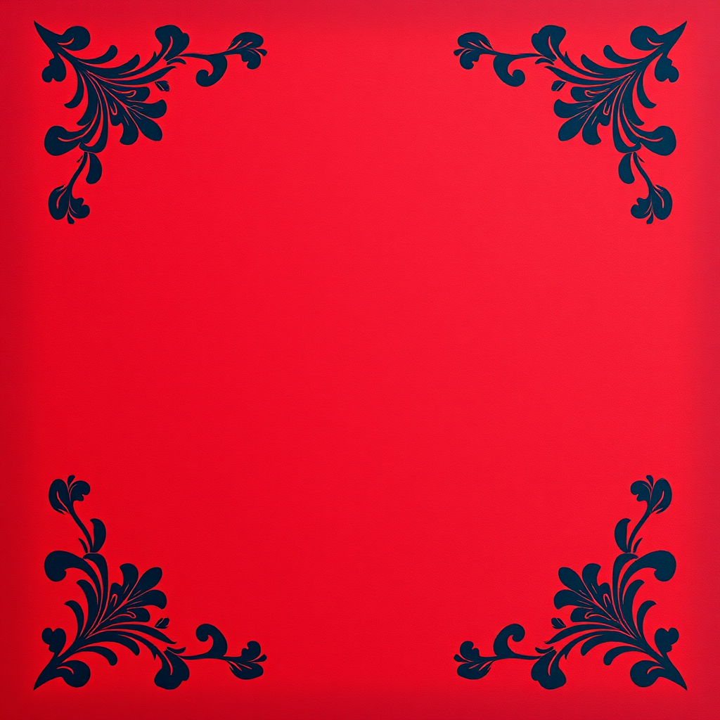 Create a rich red background with a vintage textured appearance, featuring ornate dark blue floral corner designs, shot with a DSLR camera at f/2.8, ISO 100, 50mm lens, in natural soft lighting for enhanced detail and depth.