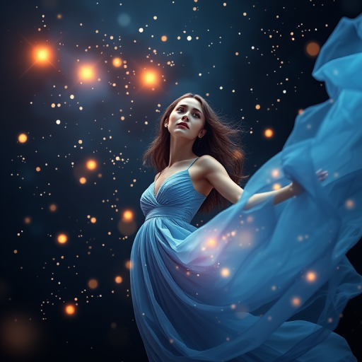 Create an ethereal scene of a woman in a flowing blue dress, surrounded by cosmic elements and glowing sparkles, shot with a Canon EOS R5, 50mm lens at f/1.2, ISO 100, 1/125s, using a wide aperture and soft focus to enhance the dreamlike quality.
