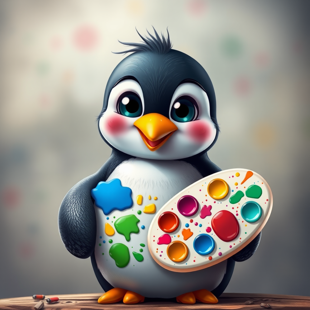 Create a cartoon-style image of a penguin artist holding a palette with colorful paint splatters, with a focus on bright colors and a playful expression, using a Canon EOS 5D Mark IV, 50mm lens, aperture f/1.8, 1/100s shutter speed, with a soft focus background to enhance depth.
