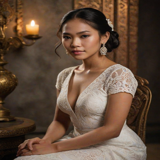 Create a portrait of a refined and elegant Cambodian woman seated in a sophisticated setting. She has long, wavy hair styled in two thick braids that are pulled over her shoulders. She wears a white, lace gown with intricate patterns, featuring a deep V-neckline and short sleeves. The dress exudes a vintage charm with its delicate lacework. She is adorned with ornate, dangling earrings that add a touch of glamour to her appearance. The background is softly lit, with warm, ambient lighting that creates a cozy and inviting atmosphere. Her expression is poised and serene, capturing a sense of grace and elegance.