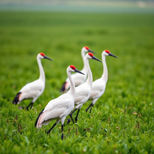 Cranes walking in a lush green field during the day, close-up view, shallow depth of field, 50mm lens, f/2.8 aperture, ISO 200, natural soft lighting.
