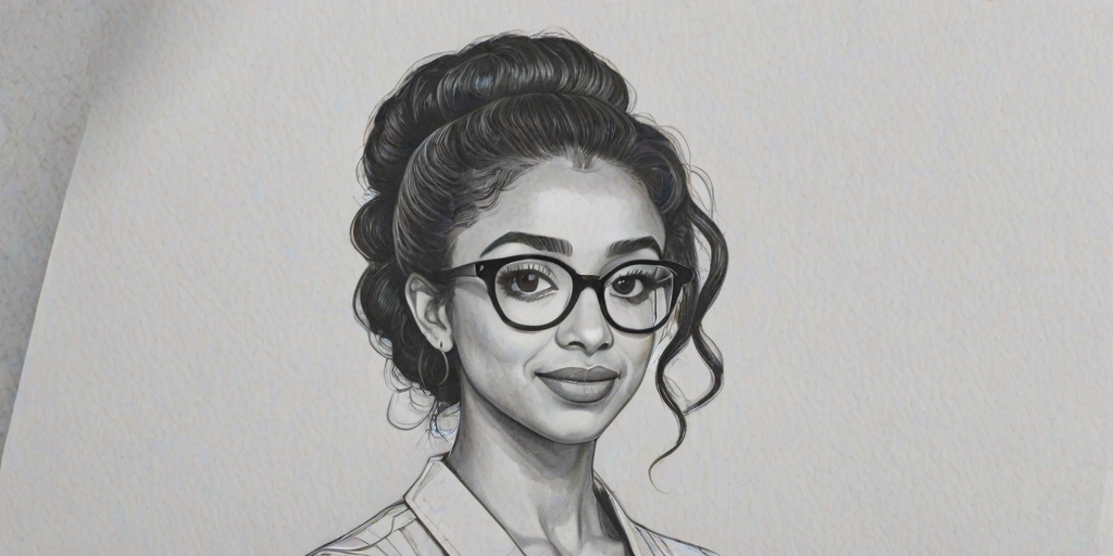 Dazzling Liza Koshy, pencil sketch, portrait of Elegant woman 1963s in glasses, hair style beatnik, outline, clear lines, fine lines, 8k