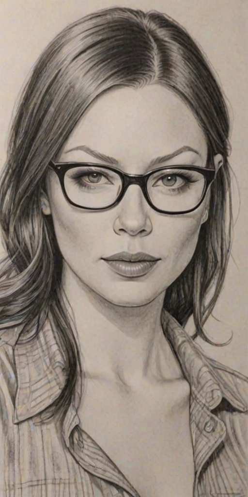 Attractive Laura Prepon, pencil sketch, portrait of Ravishing woman 1928s in glasses, hair style beatnik, outline, clear lines, fine lines, 8k