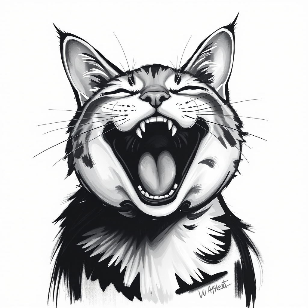 Abstract black and white acrylic portrait of an over exaggerated laughing (cat). Minimalism style. White background.