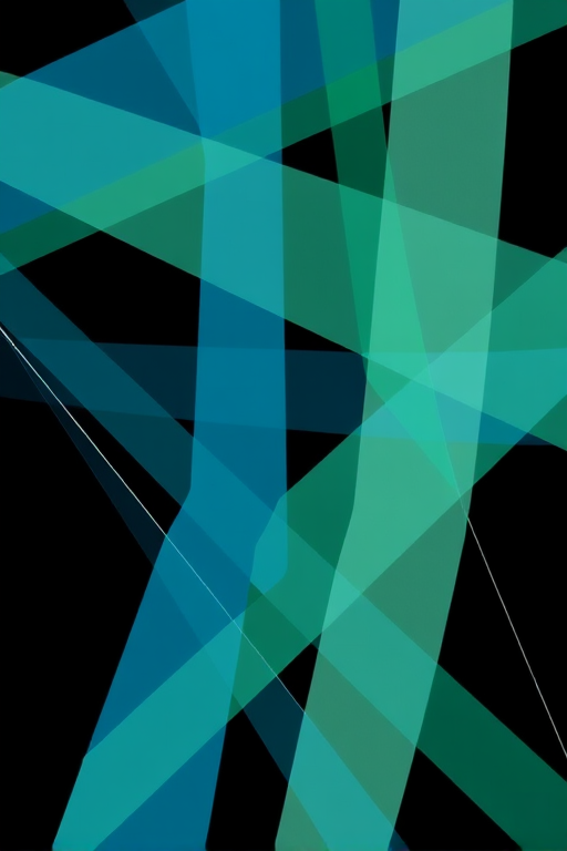 Generate an abstract geometric pattern featuring overlapping lines in blue, green, and white against a black background, captured with a high-resolution DSLR camera using a 50mm lens, f/1.8 aperture, ISO 100, and a shutter speed of 1/160s from a top-down view.