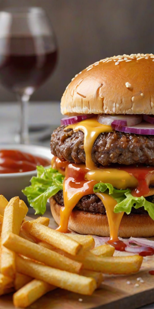 High-resolution, close-up image of a gourmet double cheeseburger. The burger features a glossy, sesame-seed-topped brioche bun. Inside, there are two thick, juicy beef patties, each topped with melted cheddar cheese. The burger is garnished with fresh lettuce, tomato slices, diced onions, and pickles. A generous amount of ketchup and a creamy, orange-colored sauce is dripping down the sides, adding to the mouth-watering appeal. In the background, there are blurred elements including a side of golden French fries and a hint of a beverage, enhancing the overall presentation of a delicious meal.