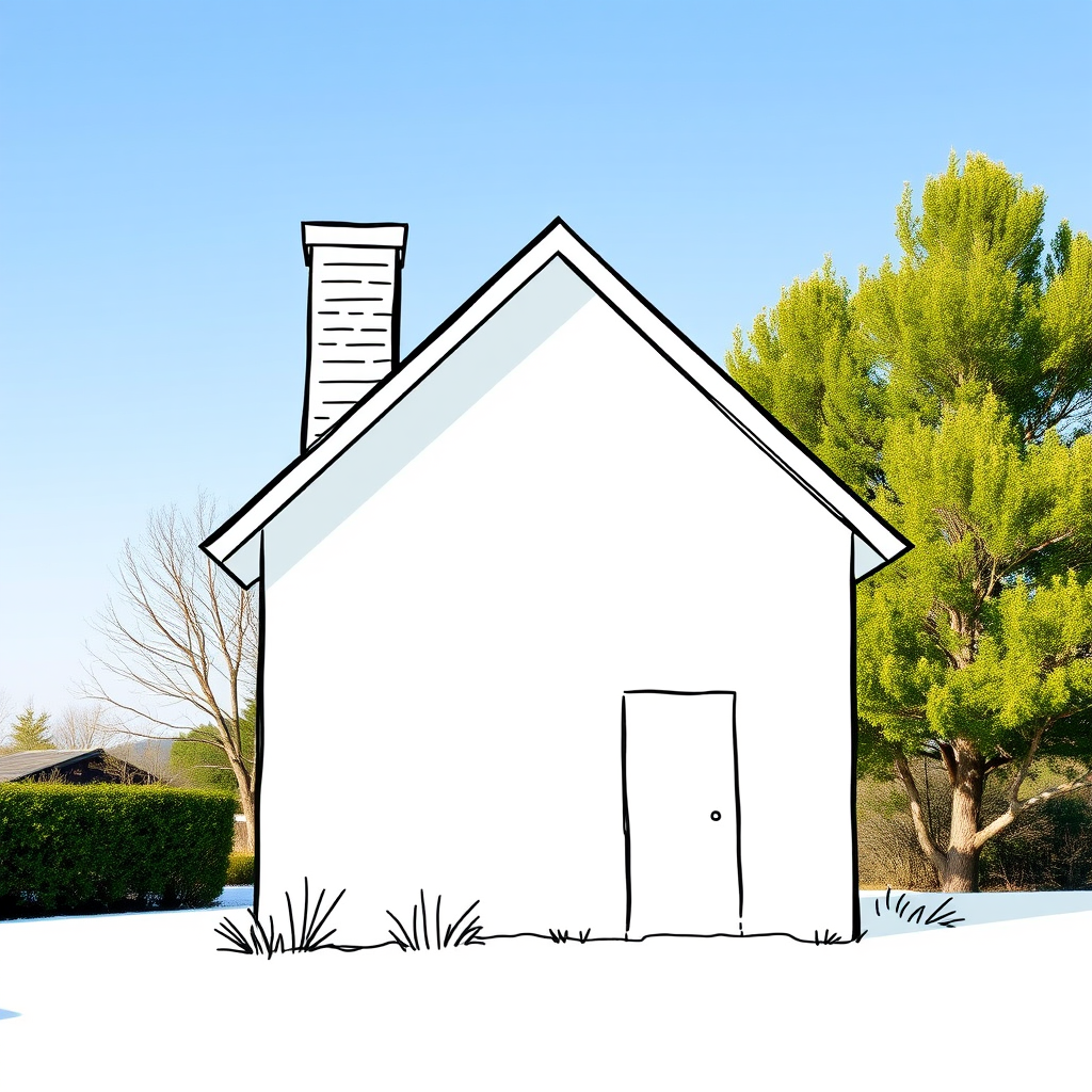Create a detailed illustration of a simple house outline with a chimney, using a DSLR camera with a 50mm lens, aperture f/2.8, ISO 100, shot from a straight-on view, in natural lighting for enhanced image quality.