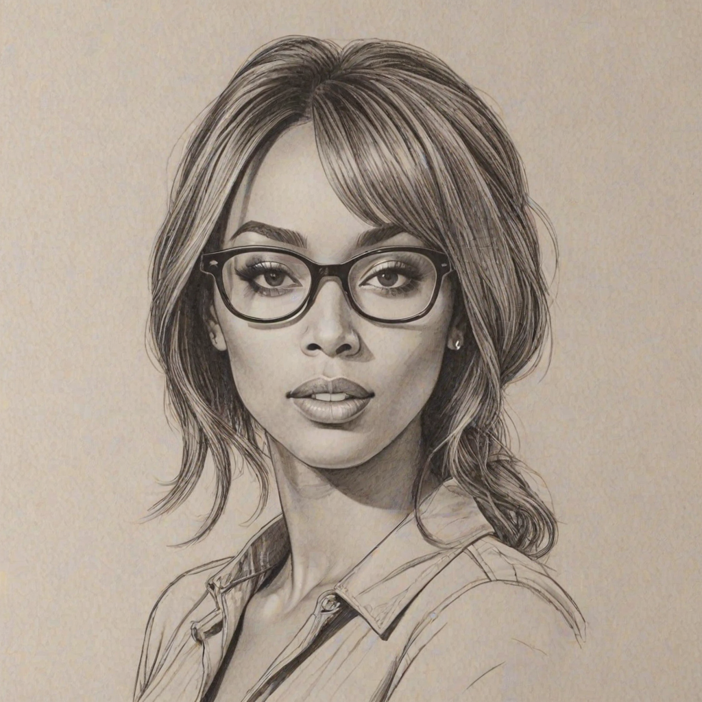 Attractive Keri Hilson, pencil sketch, portrait of Exquisite woman 1968s in glasses, hair style beatnik, outline, clear lines, fine lines, 8k