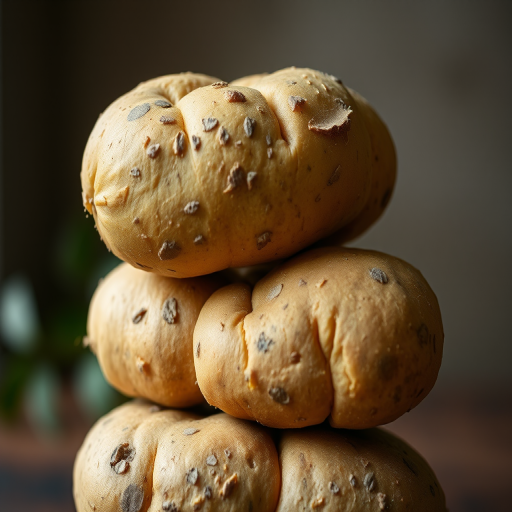 photograph of three different types of potatoes stacked together, natural lighting, macro shot, f/2.8 aperture, ISO 100, 50mm lens, soft focus background