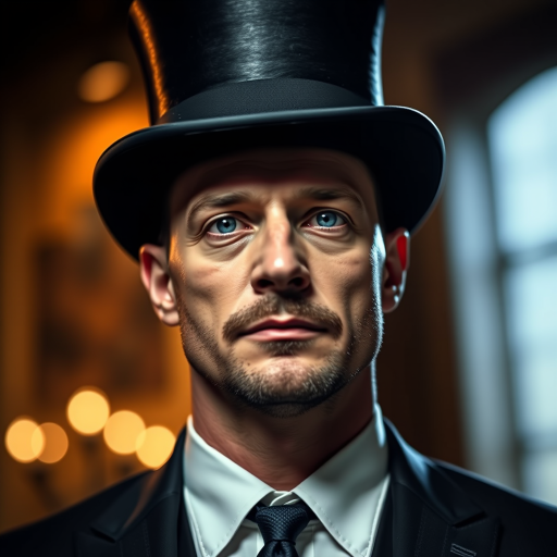 Generate a highly detailed portrait of a man wearing a top hat and formal attire, in a dramatic lighting setup with a blurred background, using a DSLR camera with a 50mm lens, aperture f/1.8, ISO 100, and a low-angle view to emphasize facial features.