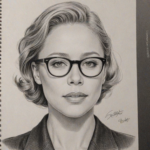 Dazzling Liza Weil, pencil sketch, portrait of Enticing woman 1945s in glasses, hair style beatnik, outline, clear lines, fine lines, 8k