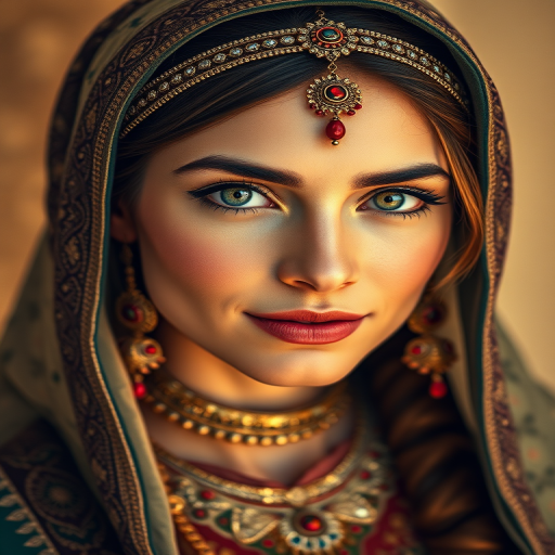 Create a portrait of a beautiful Arab woman with striking green eyes and a gentle expression. She is adorned in traditional attire with intricate patterns, including a richly embroidered headscarf and matching garments. Her jewelry includes a delicate headpiece, dangling earrings, and ornate bracelets, all featuring vibrant gemstones and detailed metalwork. The background is soft and warm, enhancing the rich colors of her outfit and jewelry.