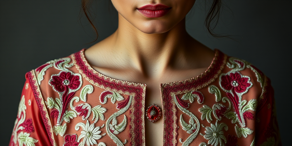 Face, shoulders, chest covered in openwork Pakistani embroidery. Raw, unedited image.