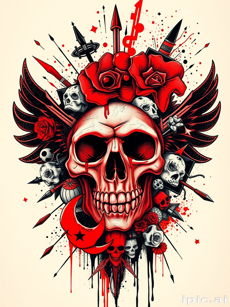 Trash polka tattoo named "Chaotic Harmony" combining bold red and black elements with photorealistic imagery and typographic elements in a dynamic and expressive composition