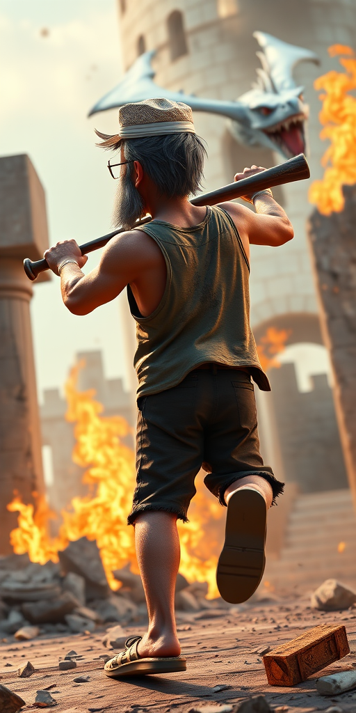 Cartoon 3D High-Resolution,dynamic battle scene using Unreal Engine 5 and Octane Render. The scene features back of an elderly, thai man with a beard,messy hair and round golden-rimmed glasses. He is wearing a tattered tank top with soot marks, shorts, and sandals. sweating. he wields a baseball bat. He jump to fight with a white fire-breathing Europe dragon amidst a partially destroyed stone castle. Include intense flames, smoke, and debris to enhance the dramatic effect.