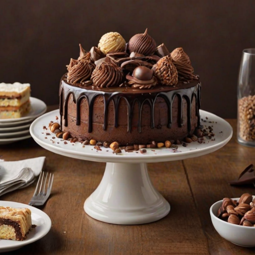 Create an image of a decadent chocolate cake that features a variety of chocolate elements. The cake should be square-shaped with a smooth chocolate ganache finish. Decorate the top with an assortment of chocolate treats, such as chocolate cookies, truffles, and a large chocolate cone. Add some chocolate drizzle cascading down the sides, and sprinkle some decorative elements like nuts and chocolate shavings for an appealing touch. The setting should be bright and inviting, highlighting the cake's rich textures and colors.