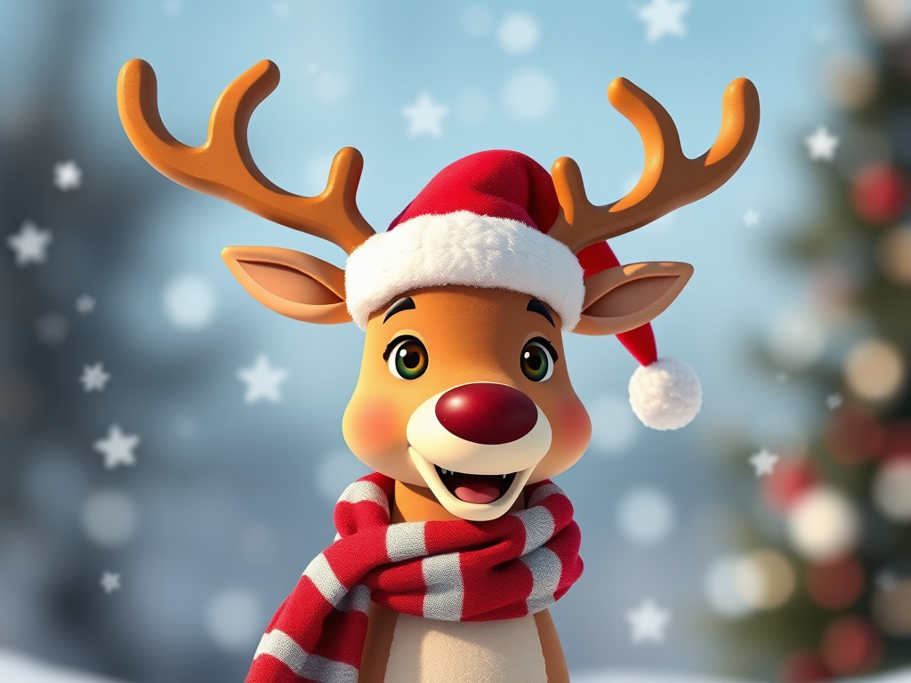 Create a festive cartoon reindeer wearing a Santa hat and a scarf with snowflakes in the background, shot with a Canon EOS R5, 50mm f/1.4 lens, f/2.8 aperture, ISO 200, in bright daylight for enhanced colors.