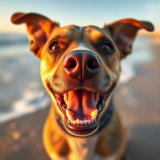 Capture a close-up of a dog at the beach with an emphasis on its expressive face, using a 50mm lens, aperture f/1.8, ISO 100, shutter speed 1/500s, natural light during golden hour, and a shallow depth of field to blur the background waves.