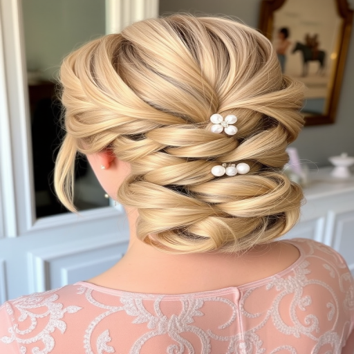 Gilded Champagne Shimmer boasts a luxurious blend of pale gold and warm beige tones, styled in an intricate updo with delicate braided details and pearl accents