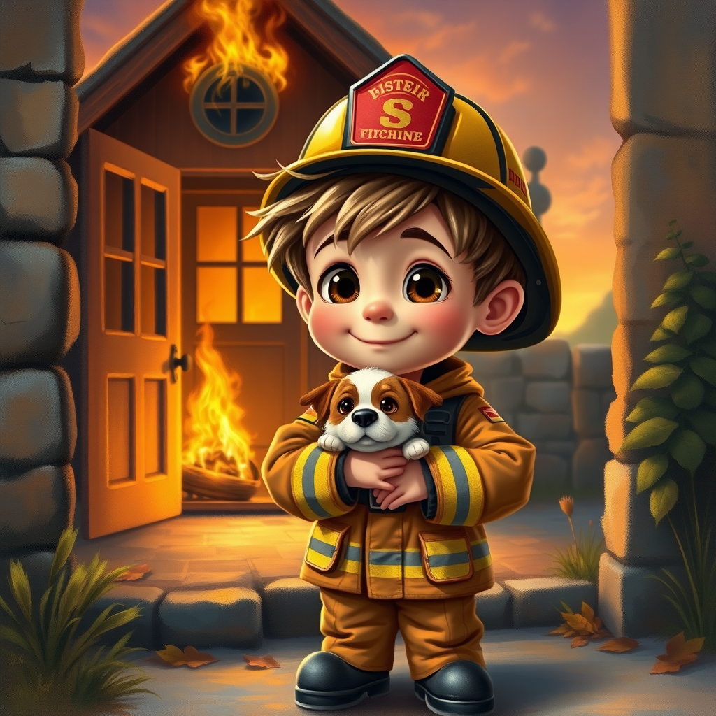 airbrushed oil painting, pixar style, cute little boy in fireman gear, helmet, tousled hair, expressive eyes, standing in the doorstep of a cottage burning behind him, holding a cute little dog in his arm, atumn sky