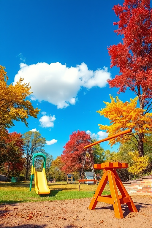 A colorful cartoon playground scene with a slide, swing set, and wooden seesaw under a bright blue sky with fluffy clouds and vibrant trees in autumn colors, captured with a DSLR camera at f/8, ISO 100, 1/250s, shot from a low angle for a dynamic view, using a wide-angle lens for depth.