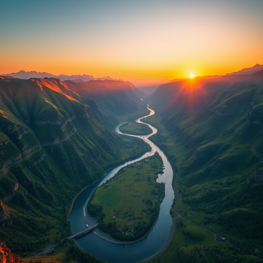 a stunning aerial view of a winding river through a lush green valley surrounded by mountains during sunrise, ISO 200, f/8, 1/125s, 24mm lens, using a DSLR camera with landscape photography style
