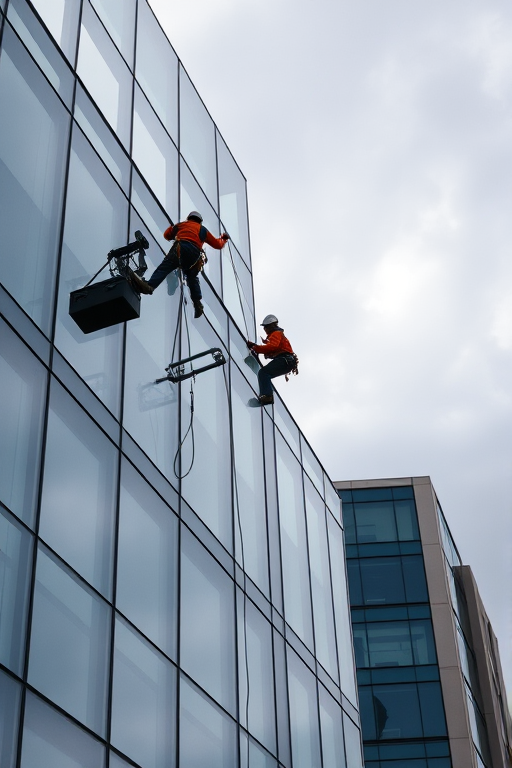 create a high-resolution image of window cleaners hanging from a modern building with large glass windows, shot with a DSLR camera at f/5.6 aperture, ISO 200, 1/500 sec shutter speed, wide-angle lens, from a slightly low angle to capture the workers in action against a cloudy sky background