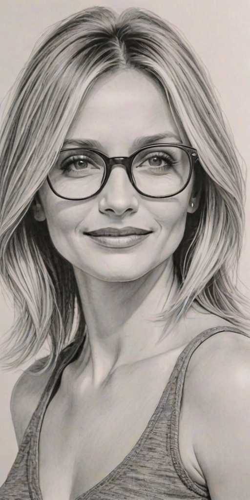 Beautiful Cameron Diaz, pencil sketch, portrait of beautiful woman 60s in glasses, hair style beatnik, outline, clear lines, fine lines, 8k
