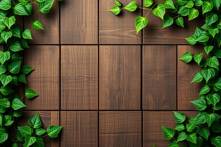 Create a high-resolution image of a wooden background with green ivy vines framing the edges, using a DSLR camera with a 50mm lens, aperture set to f/2.8 for a shallow depth of field, shot from a straight-on perspective for clarity and detail, and edited for vibrant color saturation and sharpness.