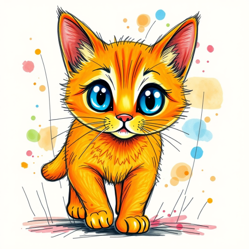 A vibrant childs coloured pencil drawn illustration of a bright orange cat with large, expressive blue eyes, a very cute style. The cat appears to be walking towards the viewer, surrounded by an abstract splash of colors and fine black lines, giving the image a dynamic and artistic flair. The background is a soft beige, highlighting the cat's vivid coloration and playful demeanor. Naively drawn scratchy line style.