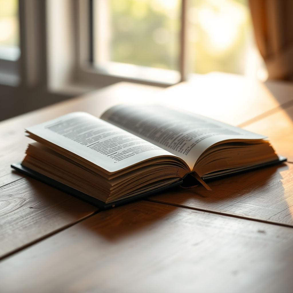 Create a high-resolution image of an open book on a wooden table, with soft natural lighting, using a DSLR camera with a 50mm lens at f/1.8, ISO 100, and a shallow depth of field for a pleasant bokeh effect.