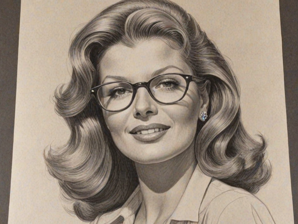 Enticing Rita Hayworth, pencil sketch, portrait of Beauteous woman 1975s in glasses, hair style beatnik, outline, clear lines, fine lines, 8k