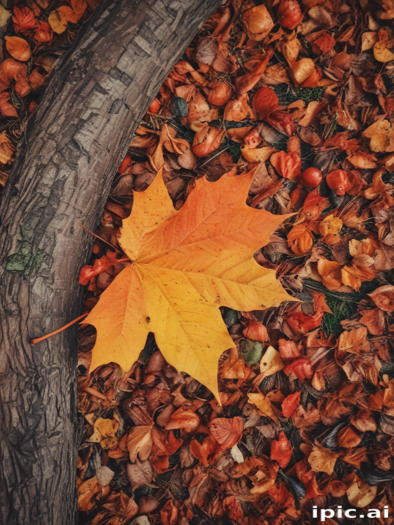 Vibrant Autumn Leaves Blanket the Ground with a Golden Maple Leaf