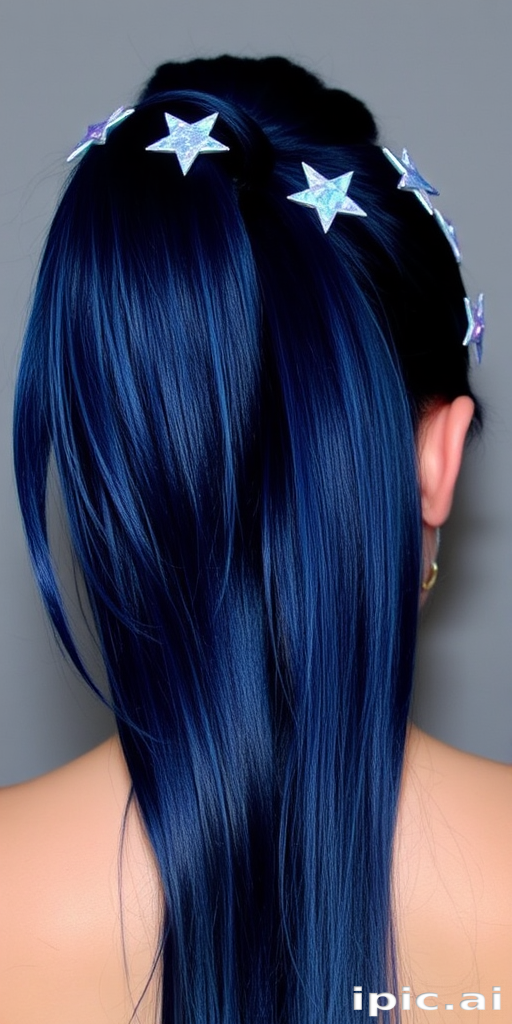 Midnight blue hair styled in a sleek high ponytail with a crown of holographic stars circling the head, creating an otherworldly galaxy-inspired look.