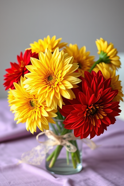 capture a vibrant bouquet of yellow and red dahlias in a clear glass vase with a lace ribbon on a soft purple tablecloth, use a macro lens, aperture f/2.8, shutter speed 1/60 sec, ISO 200, natural soft lighting for enhanced detail and color saturation