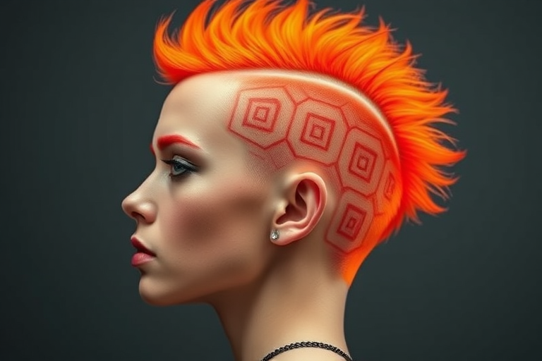 Bold neon orange buzzcut with intricate geometric designs shaved into the sides, showcasing fearless self-expression and avant-garde artistry