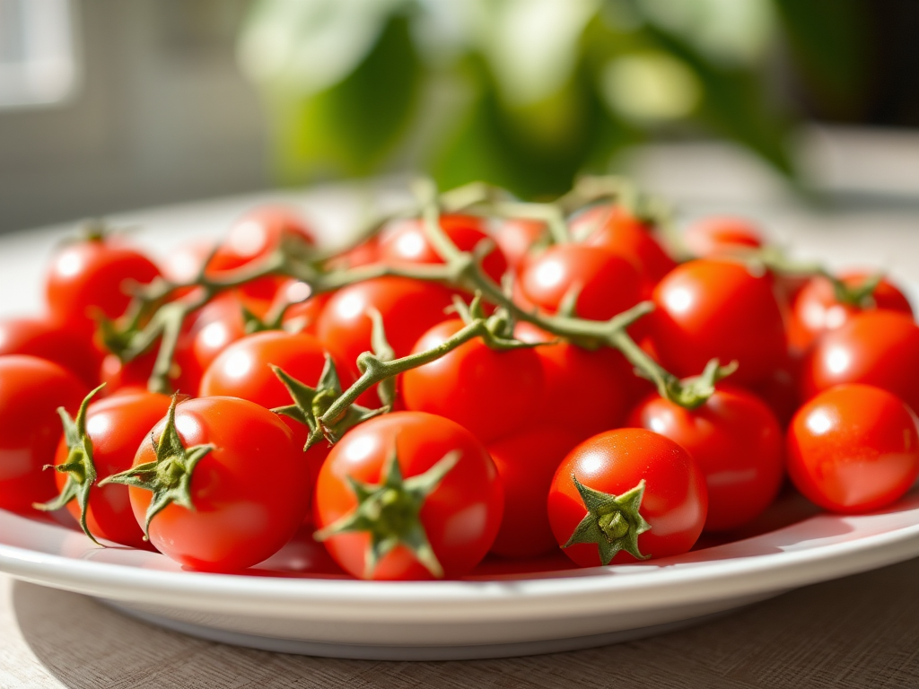 Close-up shot of a plate of red cherry tomatoes with a shallow depth of field, soft natural lighting, DSLR camera, 50mm lens, aperture f/2.8, ISO 100, focused on the tomatoes to enhance texture and color vibrancy.
