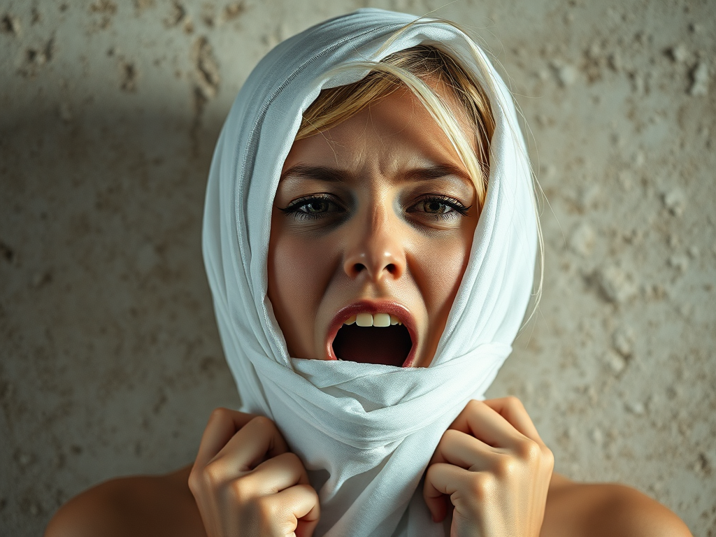 Create a close-up photographic image of a Eurasian woman with light skin tones shown against an old, worn wall. Their head is wrapped in a white cloth covering (i.e.... parts of the head except the nose and mouth, which are open as if they are screaming...), with a slight texture and visible folds in the fabric. Thin strands of blonde hair escape from the wrapping above, falling lightly at the top and sides. Their hands hold the fabric as if they are tugging nervously. The lighting is dramatic and even, casting strong shadows. The image has a minimalist and surreal style with an emphasis on simplicity with soft color tones. The composition is centered.