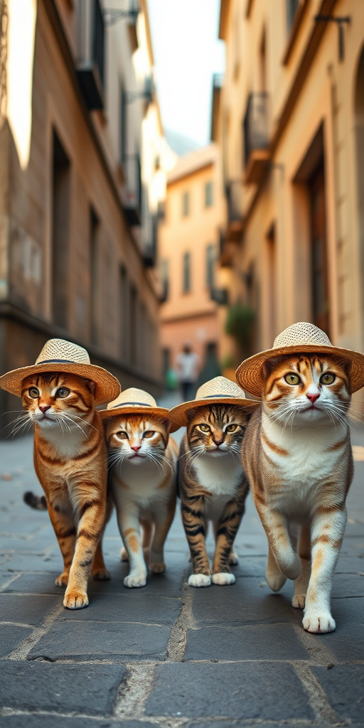 Create an image of four cats walking in a city alley, each wearing a straw hat, captured with a DSLR camera at f/2.8 aperture, ISO 100, shutter speed 1/200s, using a wide-angle lens and natural lighting for enhanced clarity and depth.