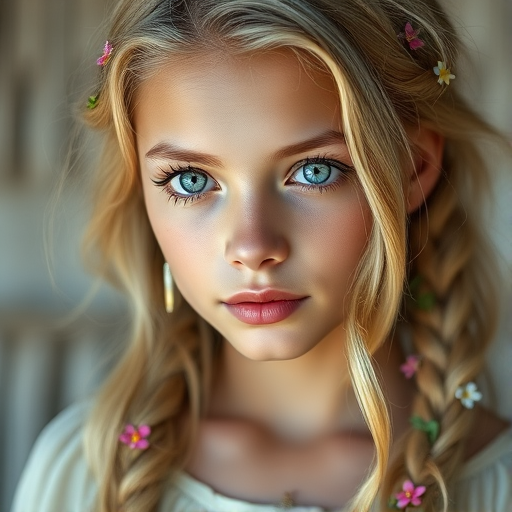 Create an image of a young Micronesian woman with long, wavy blonde hair, adorned with small, colorful flowers woven into her braids and loose strands. Her complexion is fair, with soft, glowing skin, and she has light blue eyes that gaze softly at the viewer. She wears a light, flowing dress with a gentle, ethereal quality, complementing her delicate and serene appearance. The background is slightly blurred, drawing focus to her tranquil expression and the intricate details of the flowers in her hair. The overall mood of the image is one of natural beauty and grace, evoking a sense of peacefulness and connection with nature.