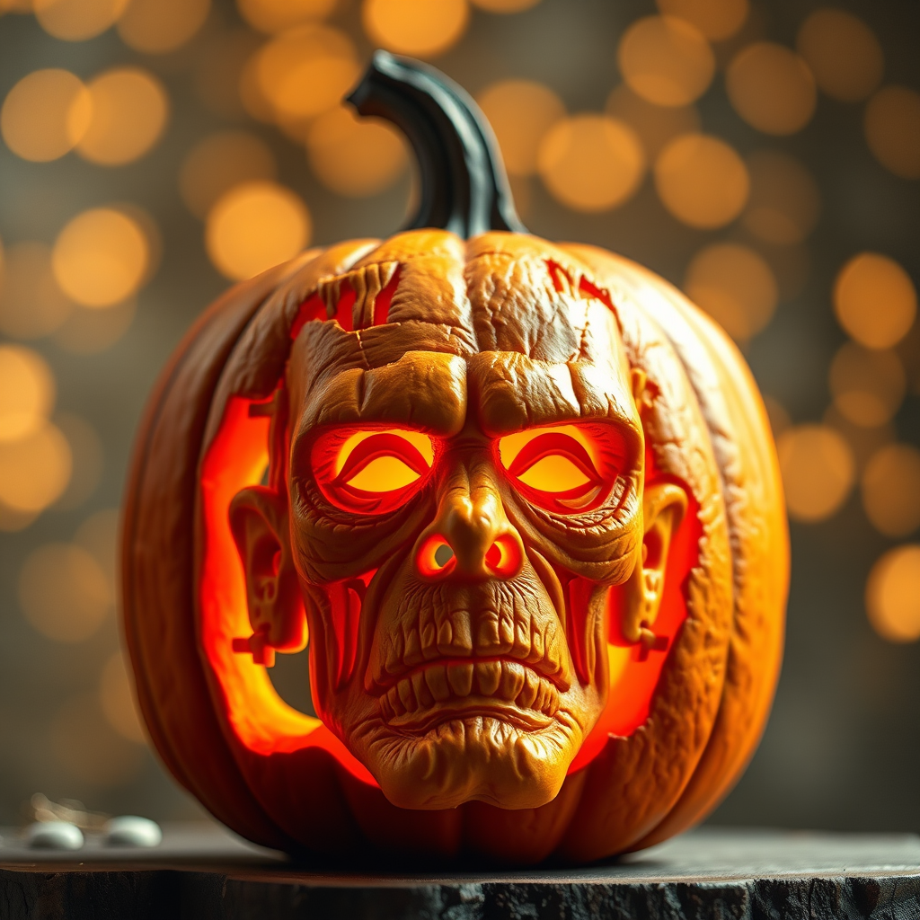 a pumpkin intricately carved in the face of a classic horror monster [Frankenstein] 3d, ultra-realistic, highly detailed, dramatic lighting, bokeh