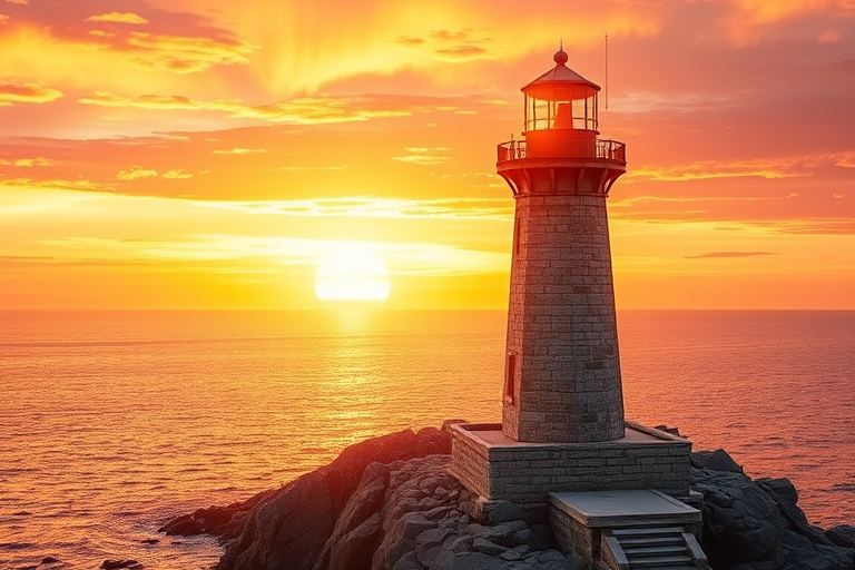 Generate an image of a tall lighthouse perched on a rocky outcrop surrounded by calm ocean waters during a breathtaking sunset. The lighthouse stands sturdy and weathered, its stone surface illuminated by the warm golden light of the setting sun. The sun's rays pass directly through the glass lantern room at the top of the lighthouse, casting a brilliant light across the scene. The sky is painted with vibrant shades of orange, pink, and purple, reflecting off the tranquil sea. The surrounding water shimmers with the same warm hues, creating a serene and majestic atmosphere.