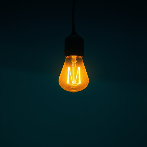 A glowing yellow light bulb hanging from a pendant in a dark blue and green gradient background, captured with a Canon EOS R5, aperture f/2.8, ISO 100, 50mm lens, soft focus with a shallow depth of field.