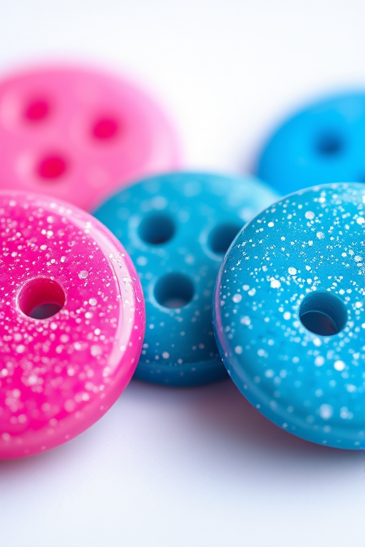 Create an image of four glittery buttons in a row, two pink and two blue, with a high-resolution focus, shallow depth of field, shot using a macro lens at f/2.8, capturing vivid colors and sparkling effects under soft lighting.