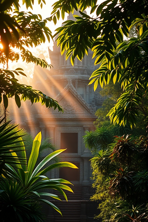 A majestic ancient temple surrounded by lush jungle foliage, with beams of sunlight filtering through the leaves, shot at golden hour, using a DSLR camera with a 24mm lens at f/8, ISO 100, and 1/200s shutter speed for optimal depth of field and clarity, in a wide-angle view to capture the grandeur of the scene.
