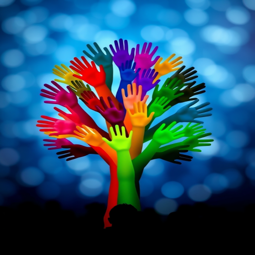 Create an image of a colorful tree made of hands against a blue bokeh background, focus on silhouettes of people at the base, shot with a DSLR camera at f/5.6, ISO 200, 50mm lens, with a shallow depth of field for a soft focus effect.